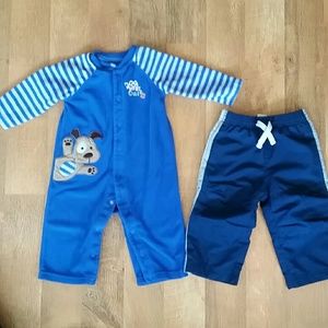 2 Pack 12M‎ Boy Carters Blue Fleece Dog One Piece Outfit and Circo Navy Athletic